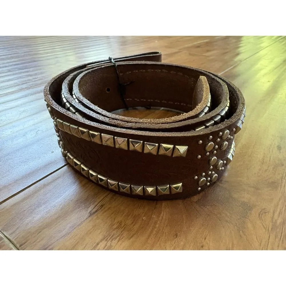 Vintage Brown Leather Studded Belt Silver Pyramid Studs Western Boho Punk Sz 36